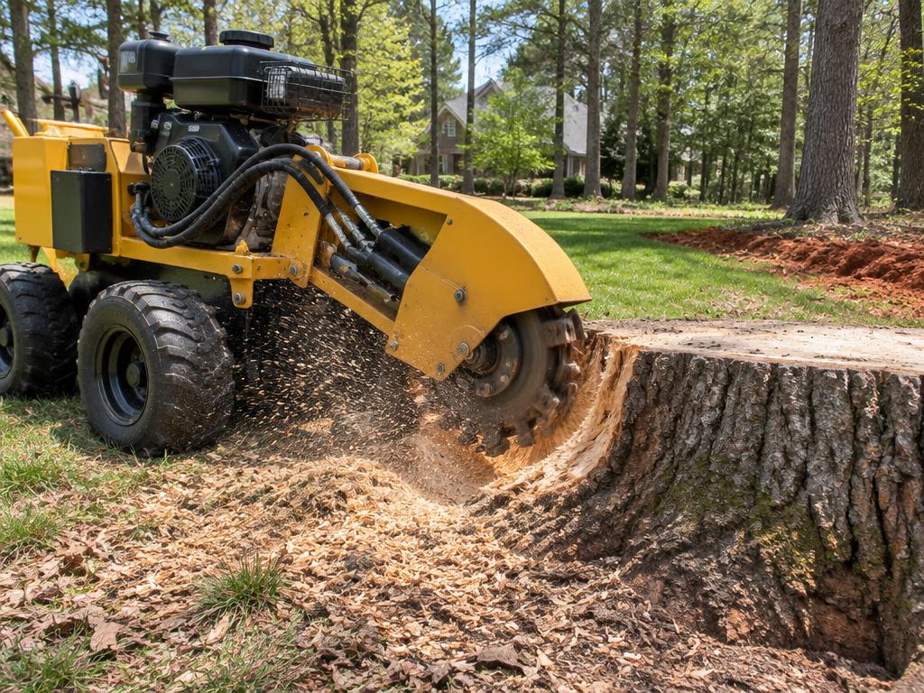 Stump Grinding equipment and tree work in a Charlotte-area Piedmont yard