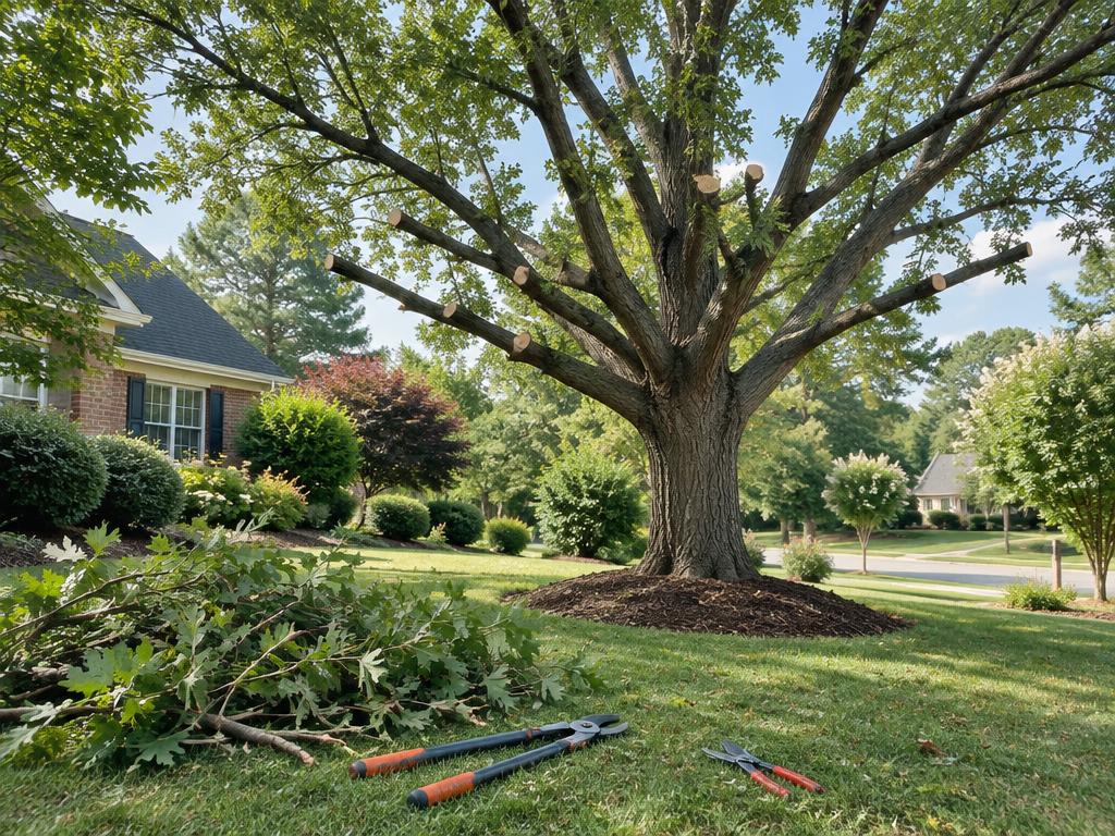 Tree Trimming & Pruning equipment and tree work in a Charlotte-area Piedmont yard