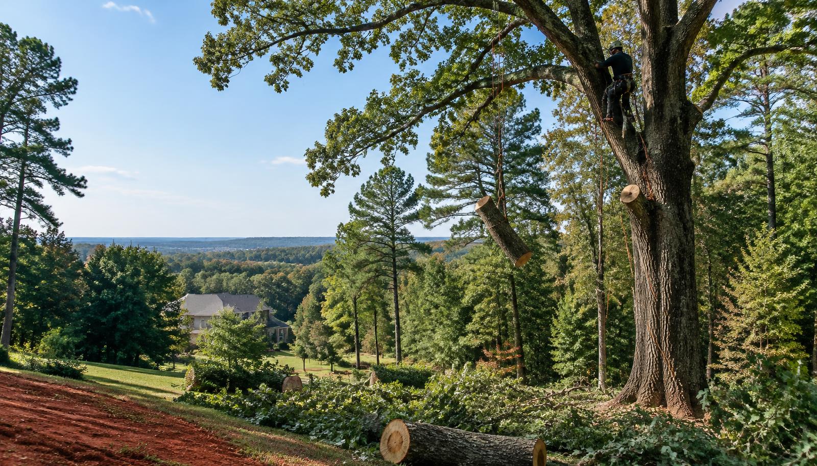 Mature hardwood canopy and tree-removal work area in Charlotte, North Carolina