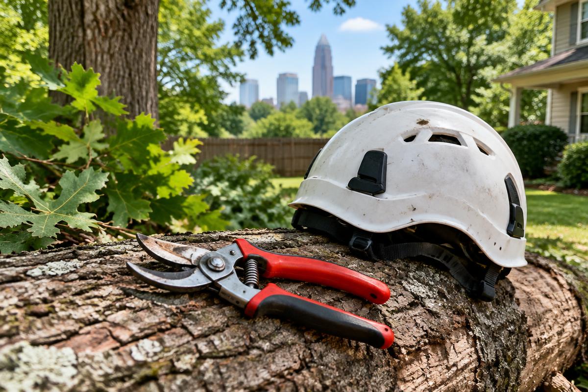 Freshly pruned hardwood branches above a Charlotte residential garden