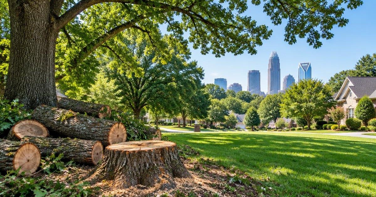 Tree removal and stump grinding scene in a North Carolina Piedmont yard